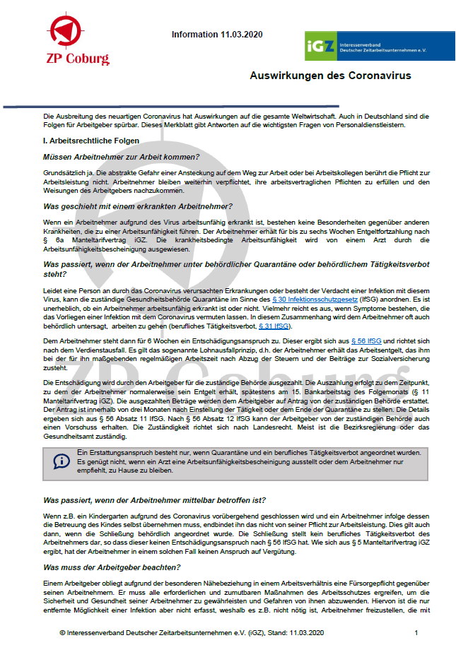 Bild 1 Merkblatt Coronavirus: Informationen, Kontaktdaten und Services